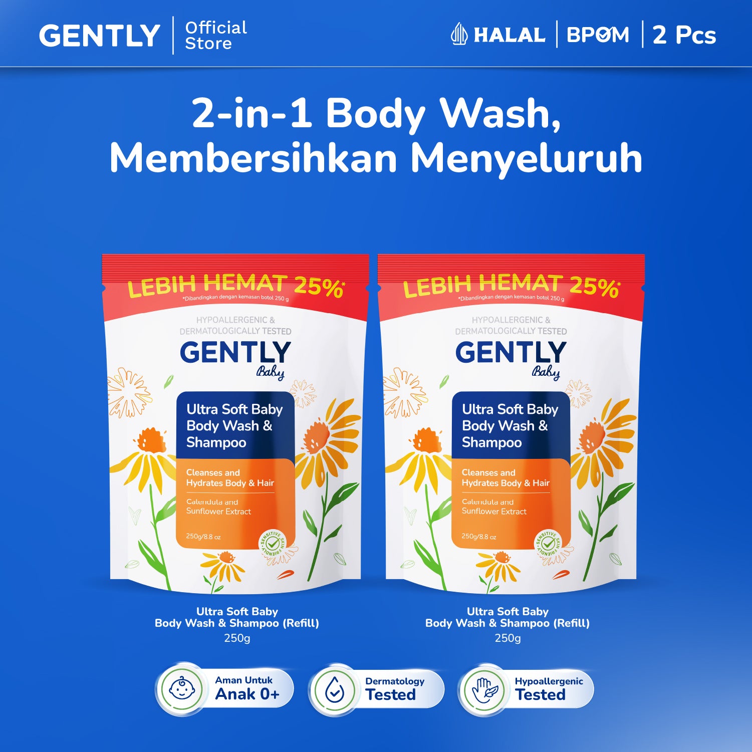 GENTLY Ultra Soft Baby Body Wash & Shampoo Refill Pouch 250ml