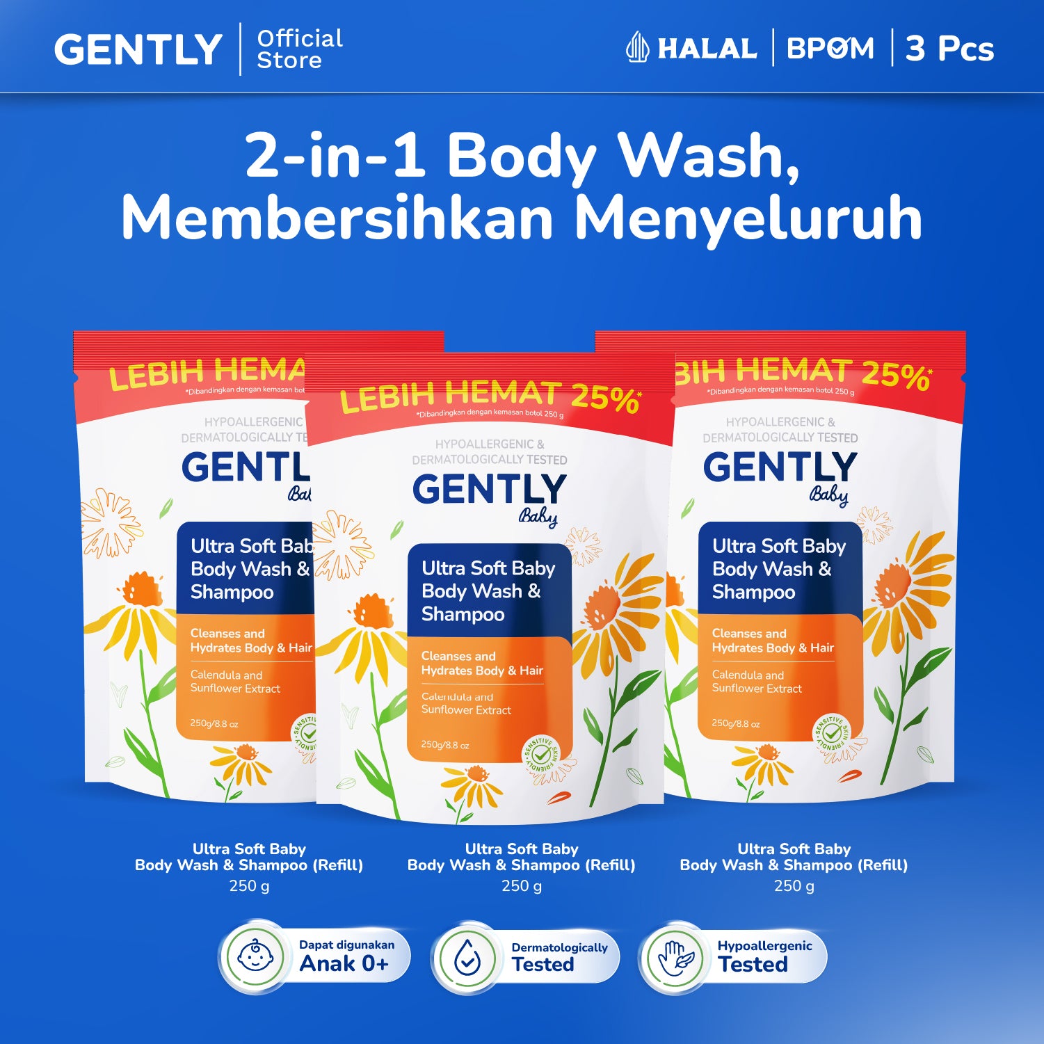 GENTLY Ultra Soft Baby Body Wash & Shampoo Refill Pouch 250ml