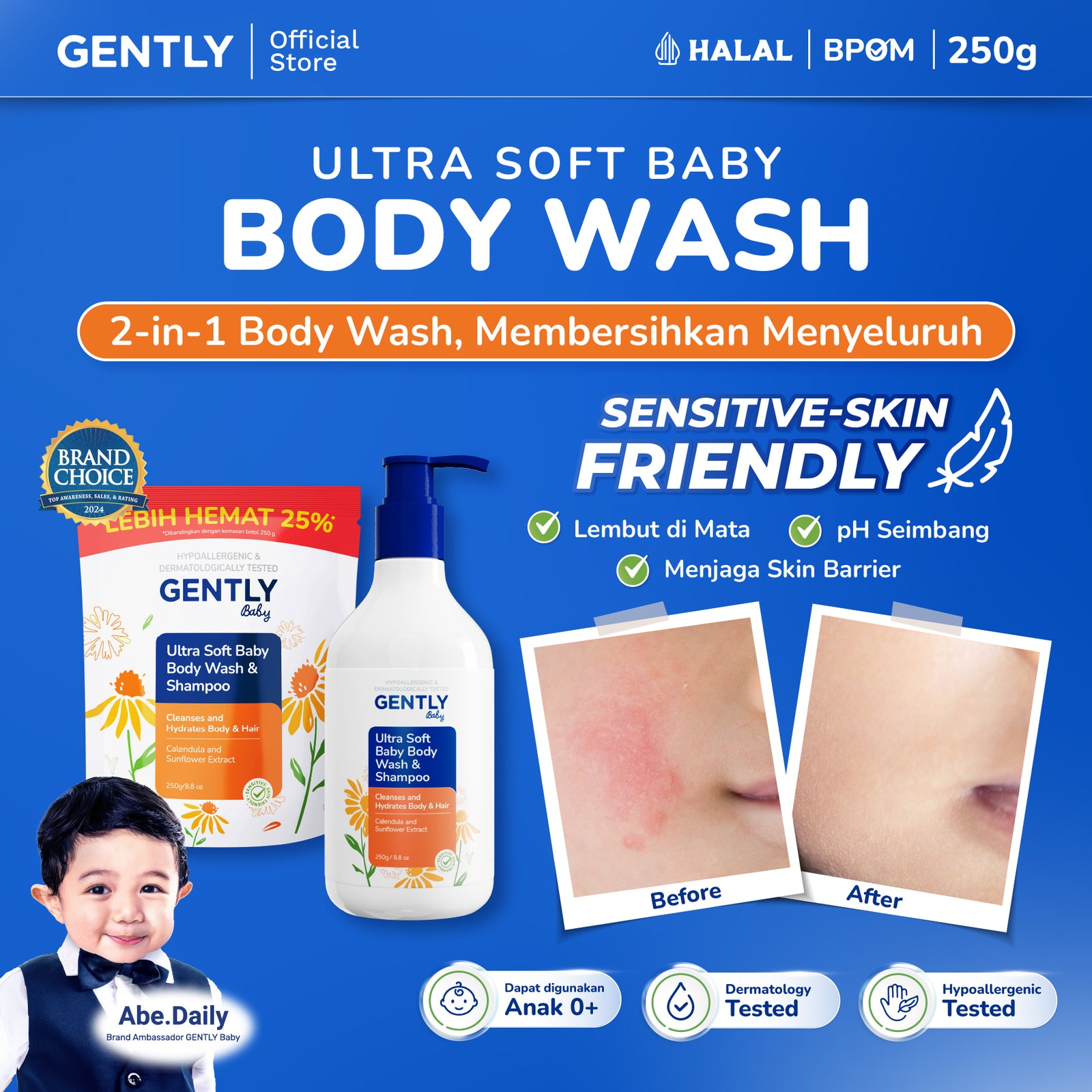 GENTLY Ultra Soft Baby Body Wash & Shampoo Refill Pouch 250ml