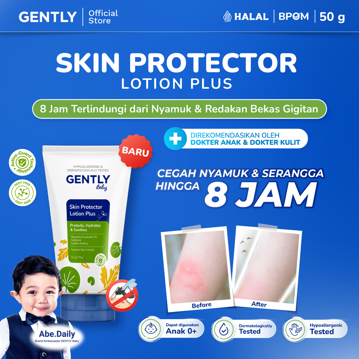 GENTLY Baby Skin Protector Lotion Plus 50gr - Anti Nyamuk Bayi Citronella | Lotion Anti Nyamuk 8 Jam untuk Bayi &amp; Anak | Cream Anti Nyamuk