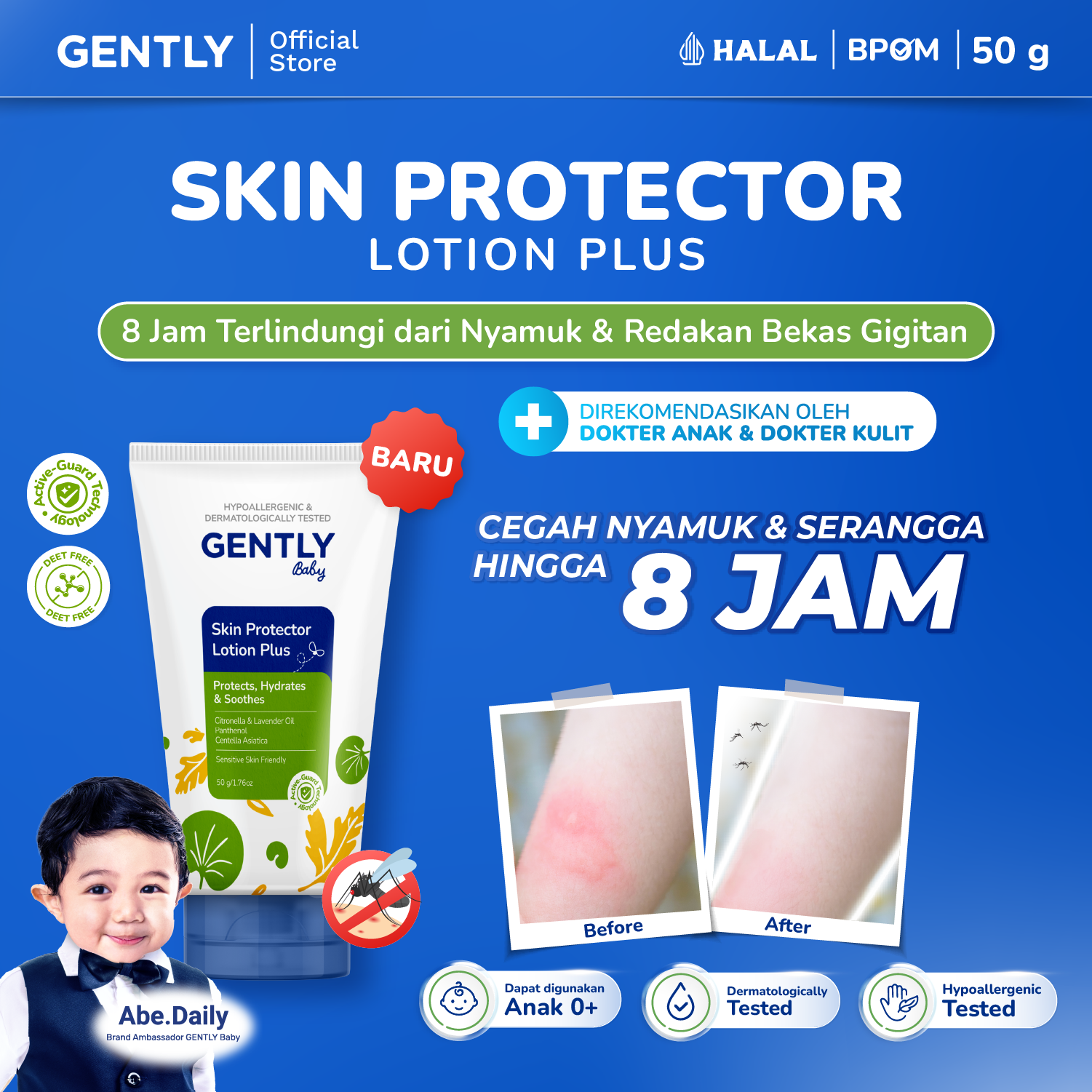 GENTLY Baby Skin Protector Lotion Plus 50gr - Anti Nyamuk Bayi Citronella | Lotion Anti Nyamuk 8 Jam untuk Bayi & Anak | Cream Anti Nyamuk