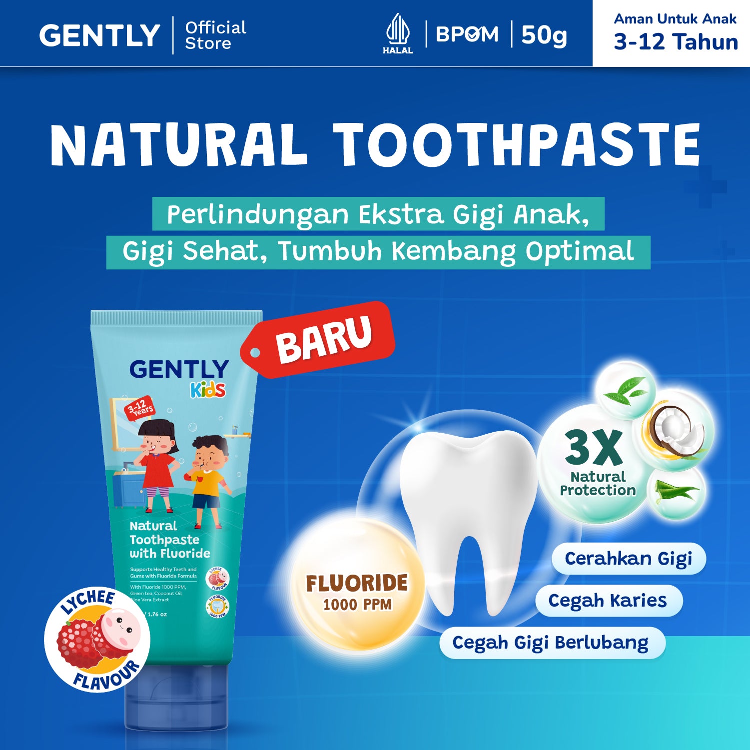 GENTLY Kids Natural Toothpaste 50gr - Pasta Gigi anak dengan Fluoride 1000ppm | Aman Tertelan | Rasa Leci | Efektif Membantu Cegah Gigi bBerlubang sejak Gigi Pertamanya