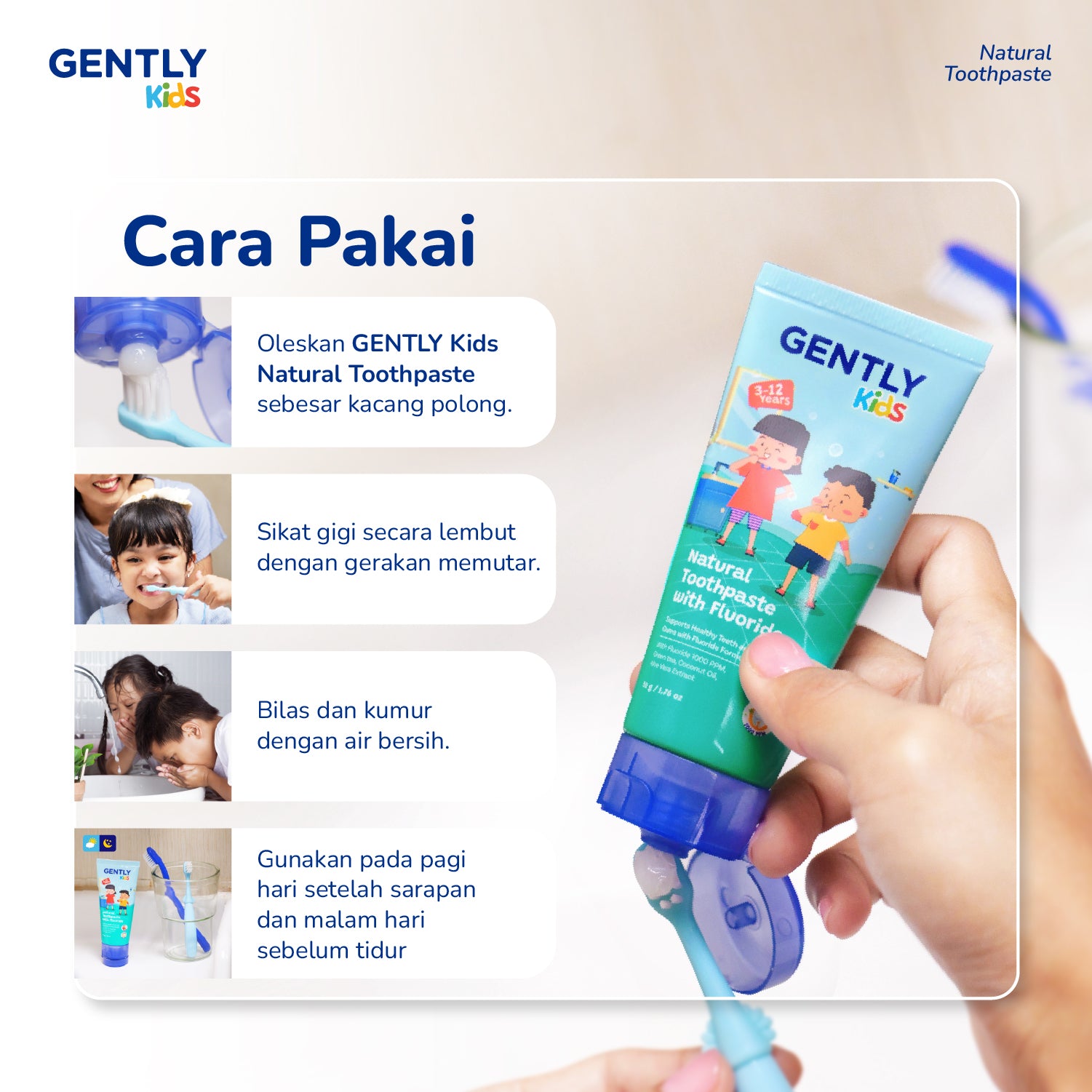 GENTLY Kids Natural Toothpaste 50gr - Pasta Gigi anak dengan Fluoride 1000ppm | Aman Tertelan | Rasa Leci | Efektif Membantu Cegah Gigi bBerlubang sejak Gigi Pertamanya